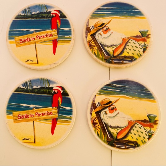 Santa In Paradise Stone Drink Coaster Set of 4 Two Designs New in Box - Picture 1 of 8